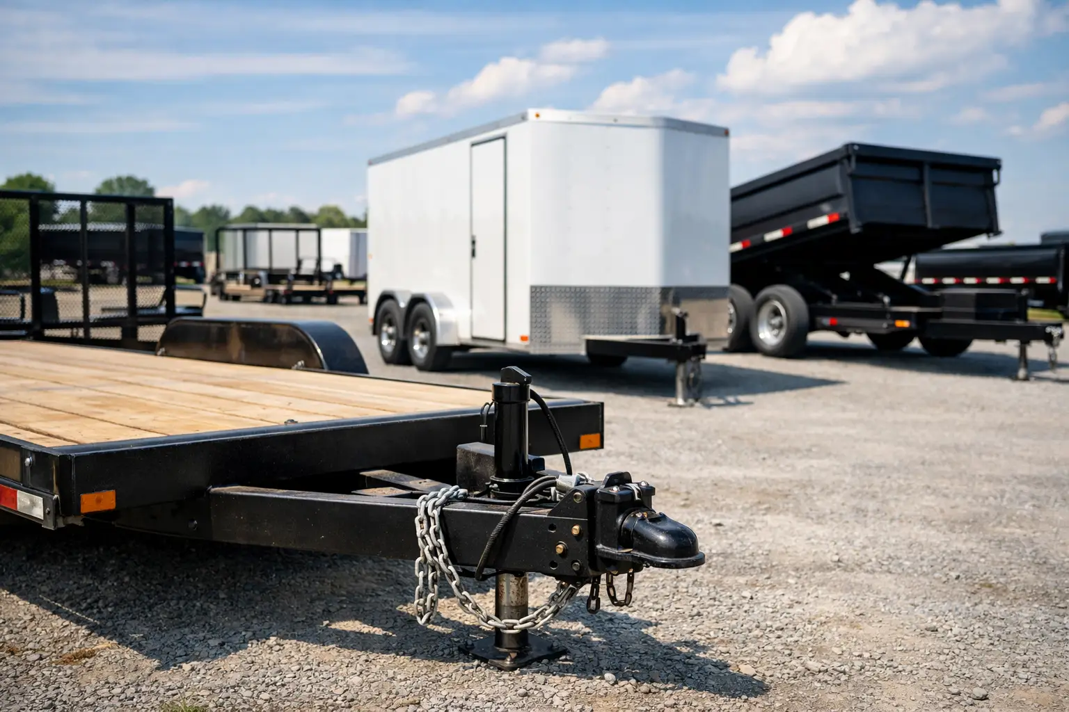 Various rental trailers, including enclosed and utility models, parked outdoors.